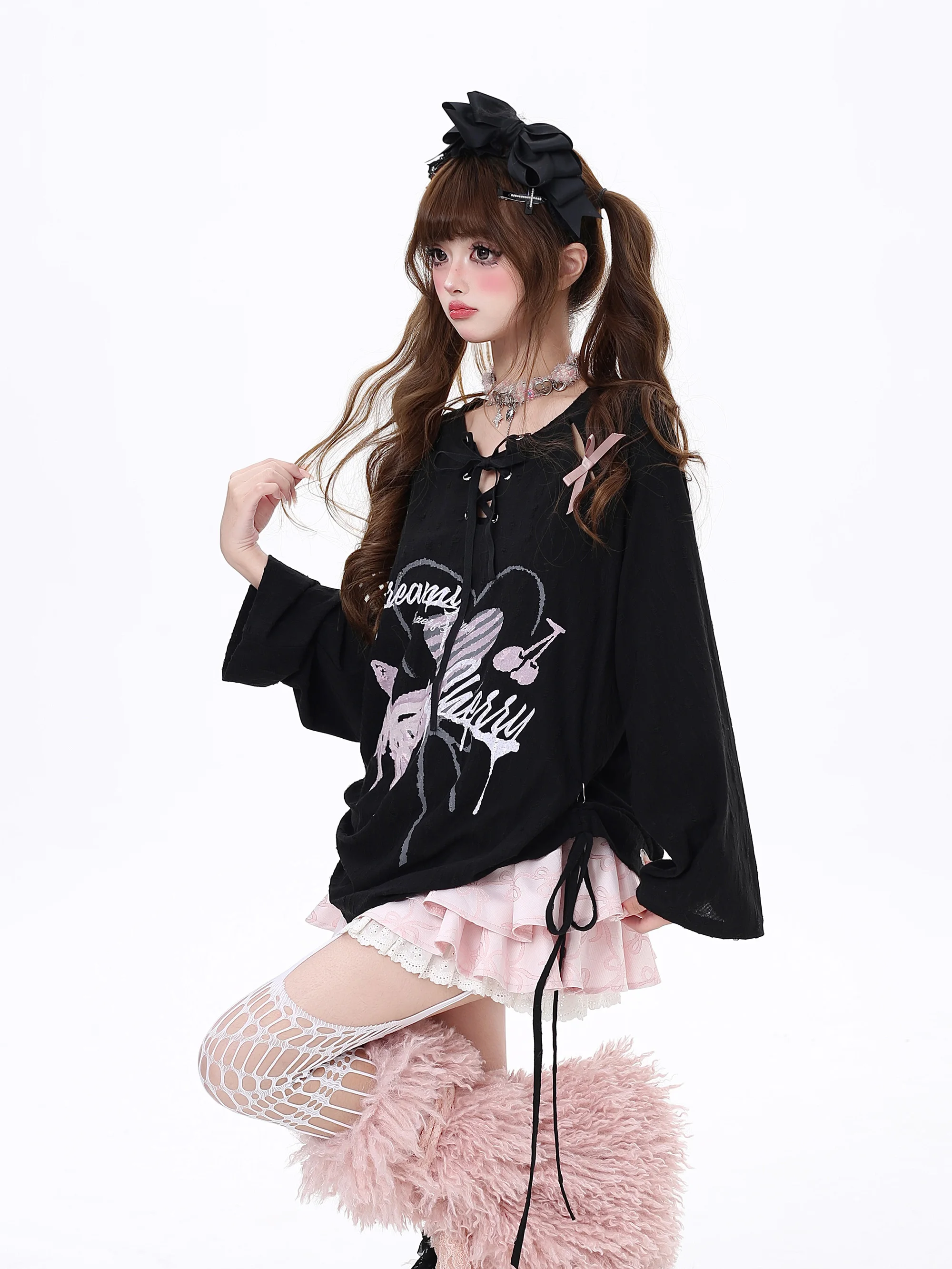 Ballet Girly Style Street Sweet Hot Y2K Tops Drawstring Patchwork Lace-up Round Neck Long Sleeve Slim T-shirt Top Women Summer