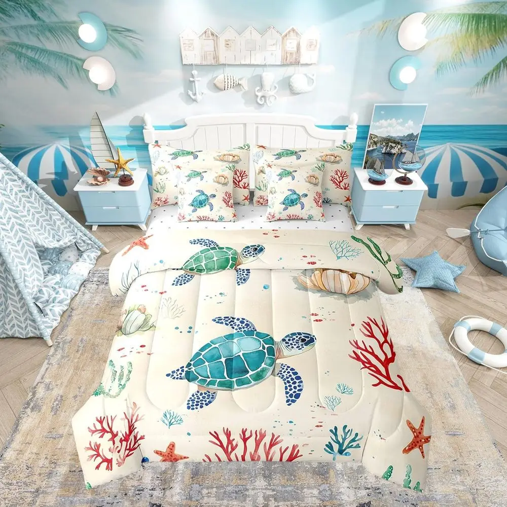 

Ocean Themed Sea Turtle Queen Bedding Set for Kids, 7-Piece Comforter with Sheets, Sea Animal Underwater World Decor