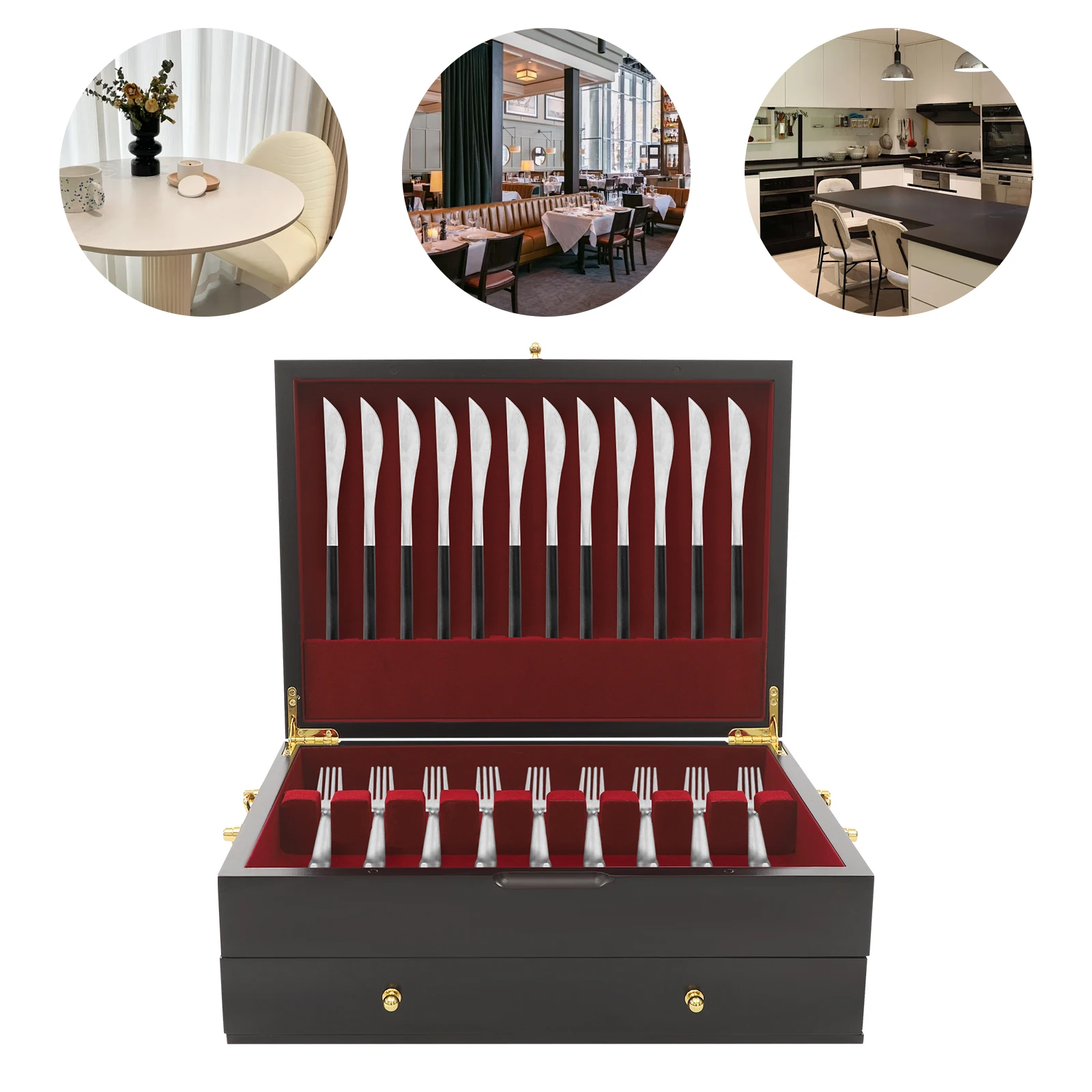 

39x29x14cm Pine Wood 2 Tiers Wooden Silverware Chest,Handmade Black Red Storage Box Free Standing for Home,Restaurants