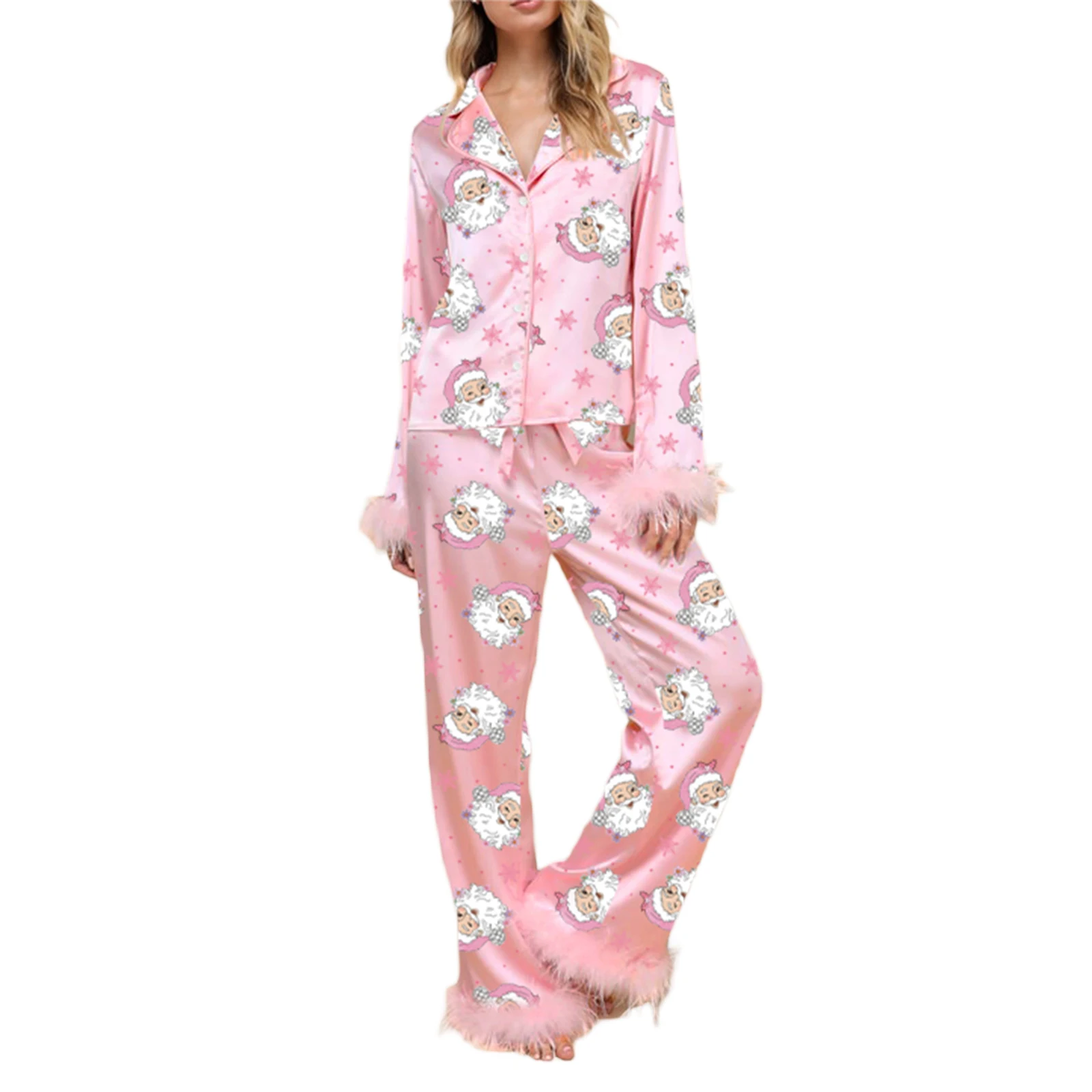 Christmas Pjs Sleepwear Silk Satin Lounge Sets Feather Trim Long Sleeve Shirt Pants Festival Rave Christmas Pajamas for Women