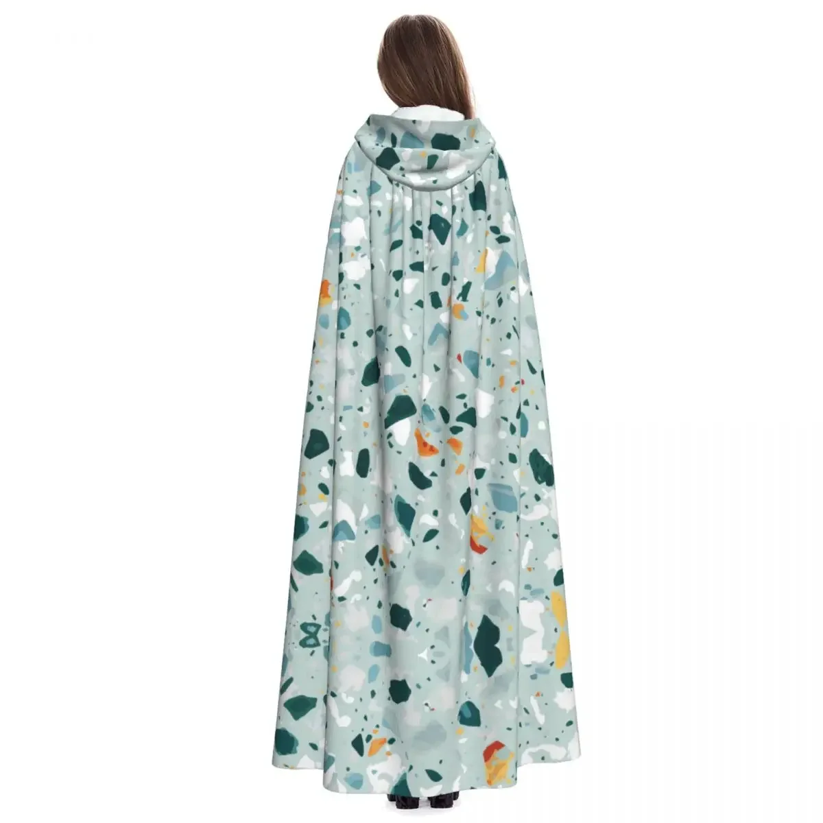 Hooded  Polyester Unisex Witch Cape Costume Accessory Terrazzo Teal Print Elf Purim