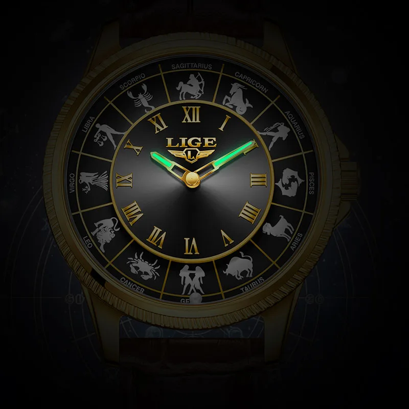 LIGE Creative 12 Constellation Big Dial Watch Men Fashion Leather Luminous Waterproof Quartz Wristwatches For Men Montre Homme