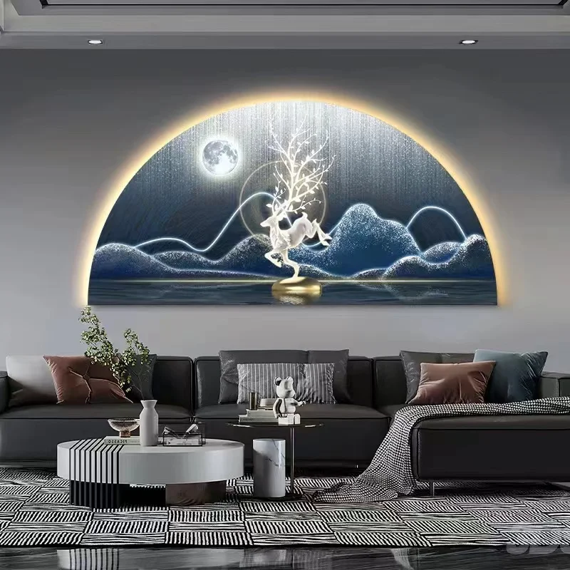 ModernLightLuxury-pintura decorativa para sala de estar, luces LED, pintura colgante de pared de reno, mural de cabecera de dormitorio de alta gama