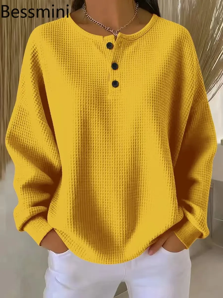

2025 весенне-осенняя женская футболка с круглым вырезом и пуговицами, длинными рукавами, элегантный однотонный пуловер, топы, повседневные офисные женские футболки