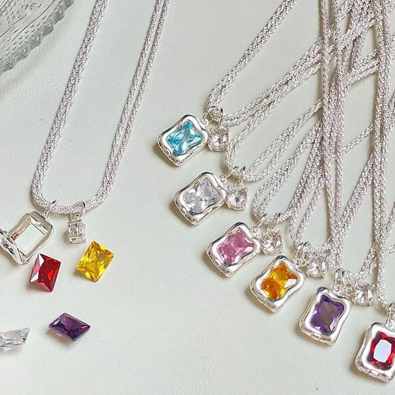 Super Flash Square Can Be Replaced with 6 Kinds of Colorful Gem Necklace N+ Wear Method Female Clavicle Chain Jewelry