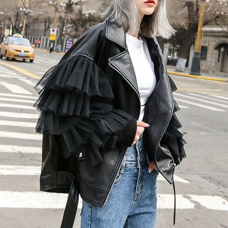 Lady Fashion Real Leather Jacket New Styles Genuine Sheepskin Leather Women  Tiered Tulle Sleeve Moto Jacket S7547