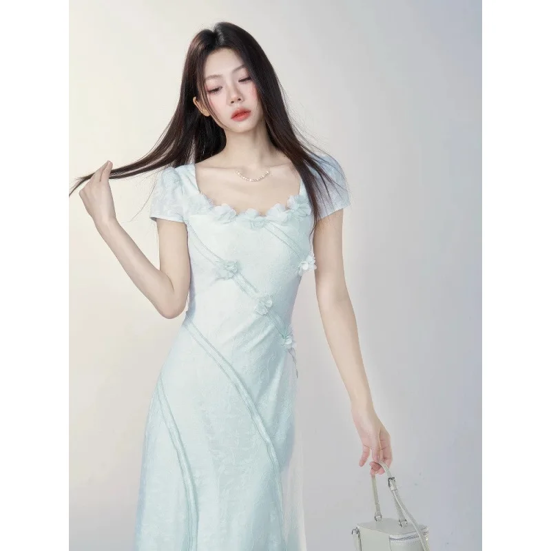 Verão novo design doce longo dr emagrecimento cintura gola quadrada ort sve estampa floral ele sle feminino dr