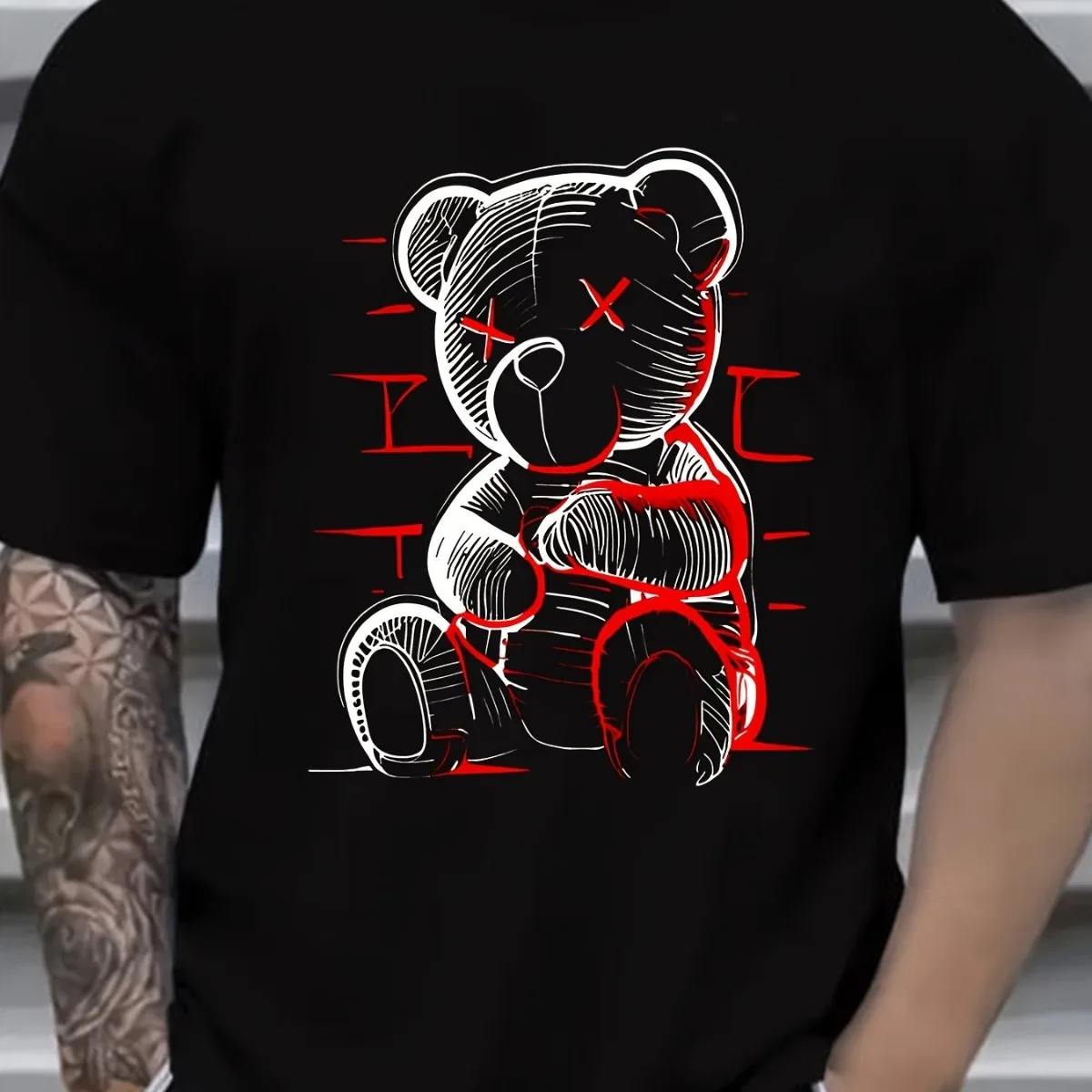 

Pure cotton casual loose design devil bear pattern printing sports round neck short-sleeved T-shirt men's summer