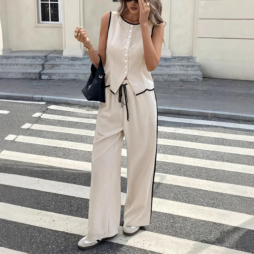 

2026 Summer Female Vest Pants Set Solid Sleeveless V-Neck Top High Waist Casual Loose Pant Two-piece Set Office Lady Suit Street