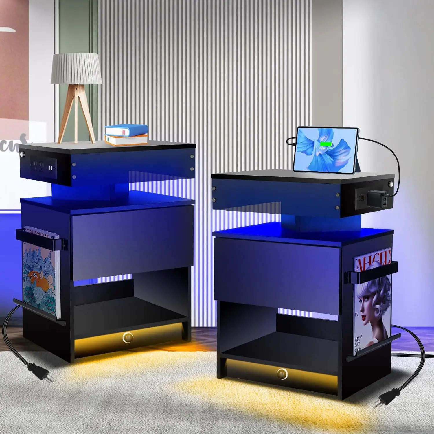 

Modern Nightstand with Induction Light, Charging Station, Drawer & Acrylic Shelf - Set of 2 Black End Tables for Bedroom