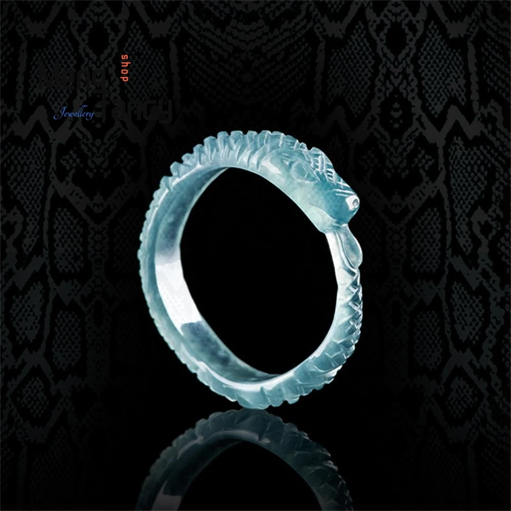 

High-grade Natural A-goods Jadeite Blue Water Spirit Snake Ring Three-dimensional Carving Jade Finger Ring Men And Women Ring