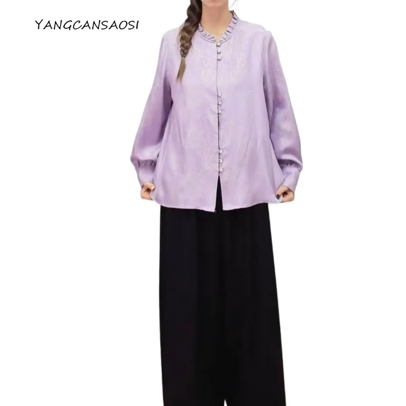 

Women's Fashion Spring/Autumn New Luxury Palace Style 100% Natural Mulberry Silk GuanLe Crepe Lantern Long Sleeve Retro Shirt