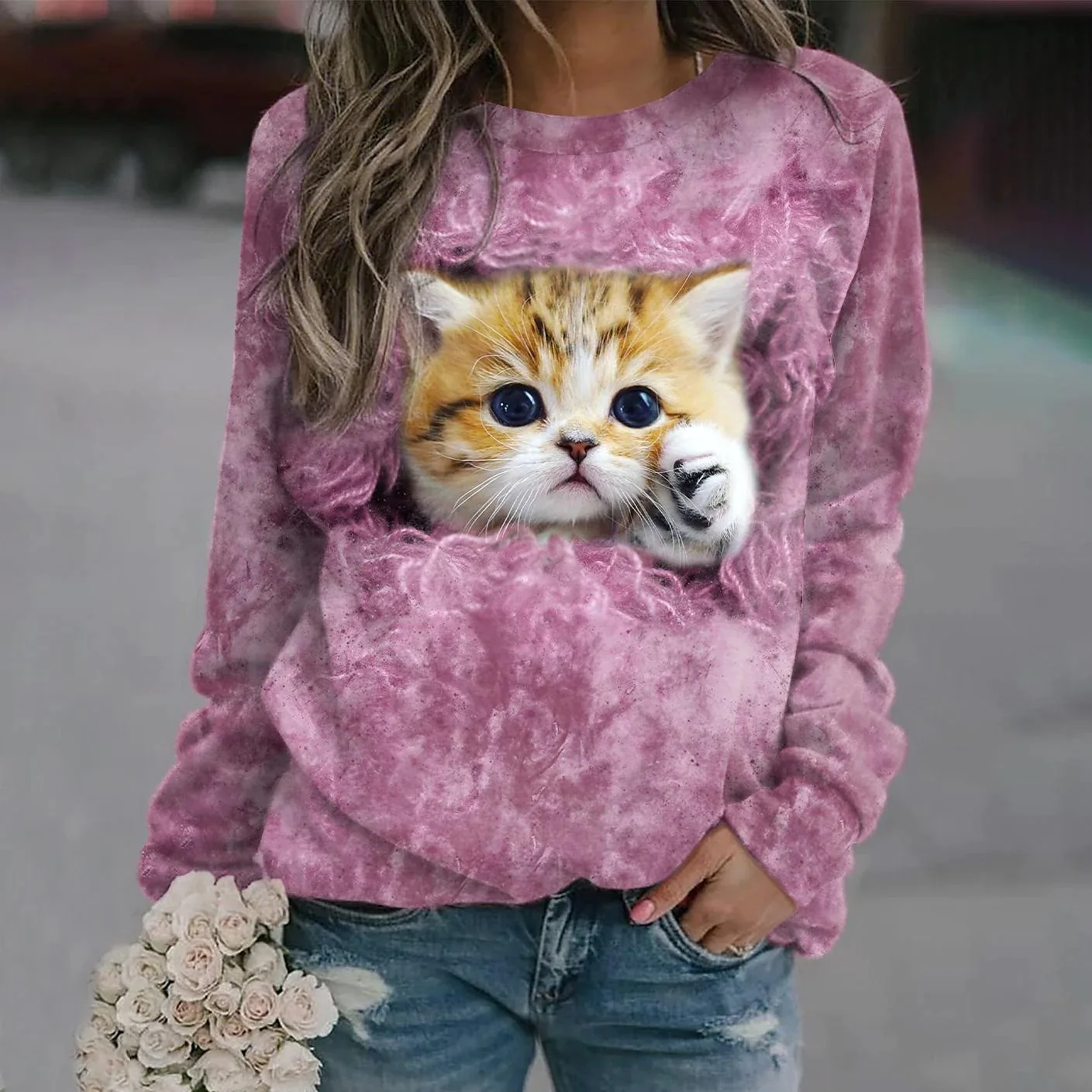 Cute Cat Sweatshirts Animal 3D Print Hoodie Women Fashion O-Neck Hoodies Streetwear Oversized Harajuku Pullover Woman Clothing