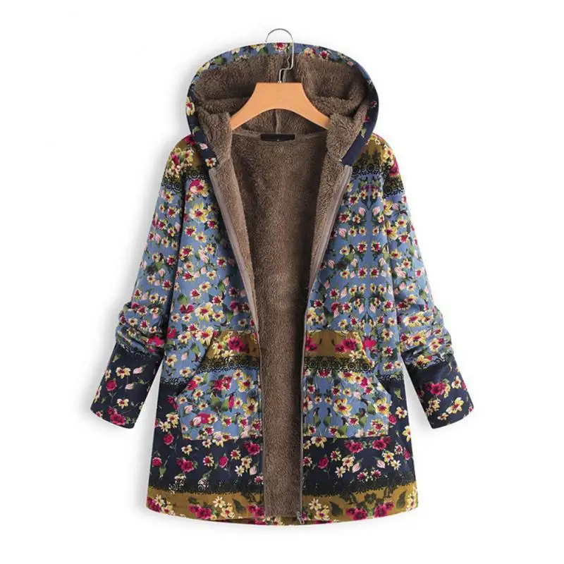 1Pcs Ladies Long Sleeve Hooded Thick Composite Plush Vintage Flower Print Plus Size Hooded Jacket For Outdoor Camping Hiking