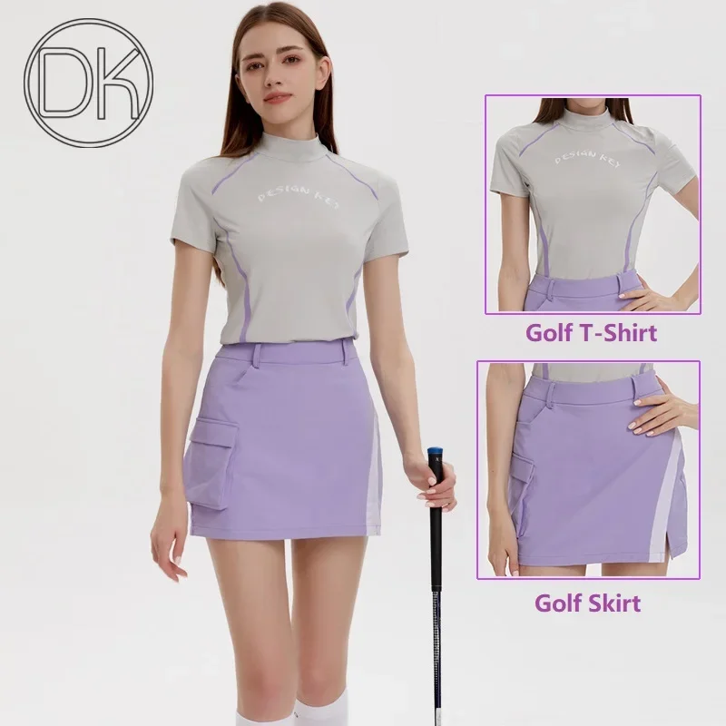 

DK Golf Women Summer Sports T-shirt Round Neck Causal Tops Patchwork Slim Shirts Ladies Tennis Golf Skirt Split Training Skorts