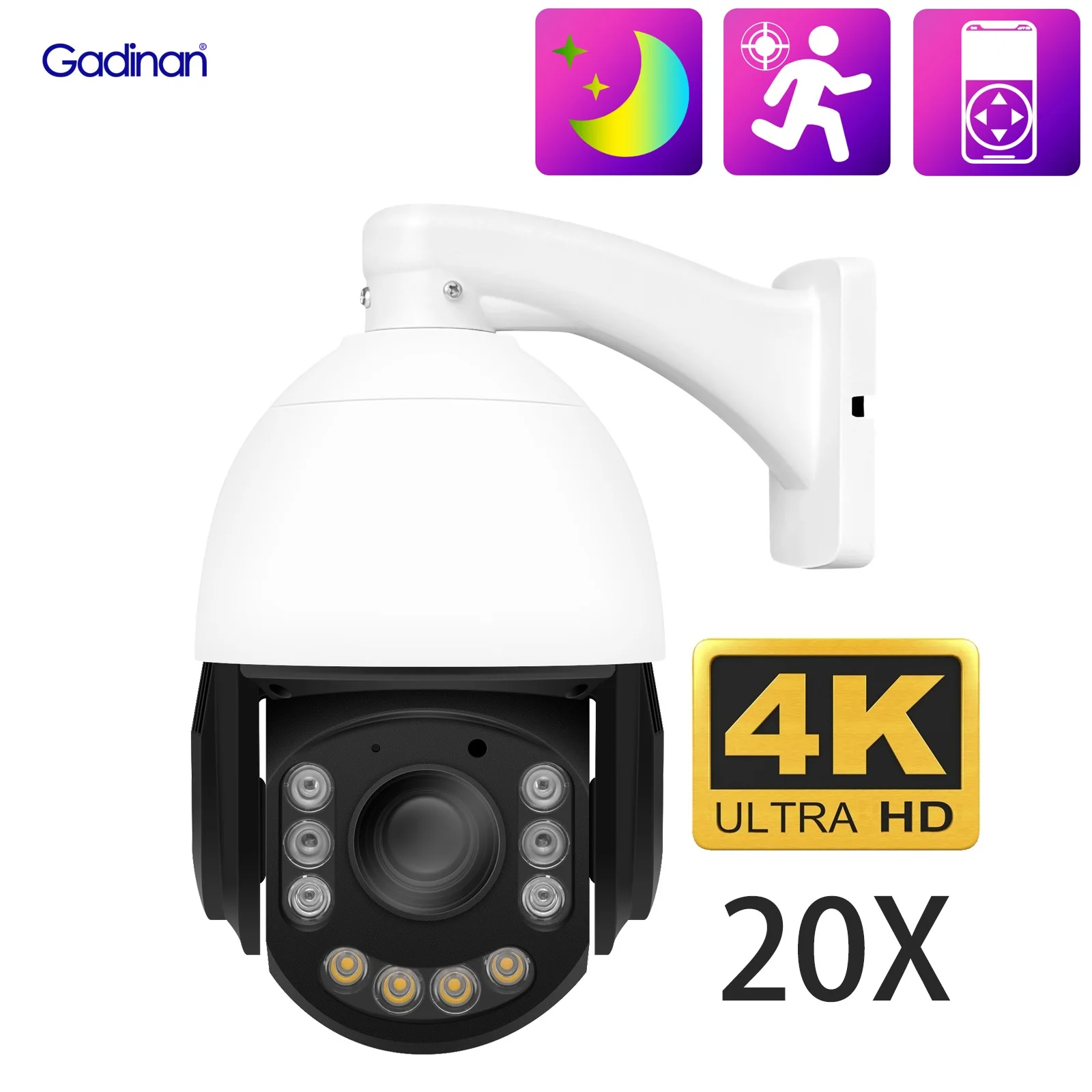 

Gadinan 4K 8mp Outdoor PTZ Camera 20X Optical Zoom Smart Auto Tracking Color Night Vision SONY IMX415 Video Surveillance Camera