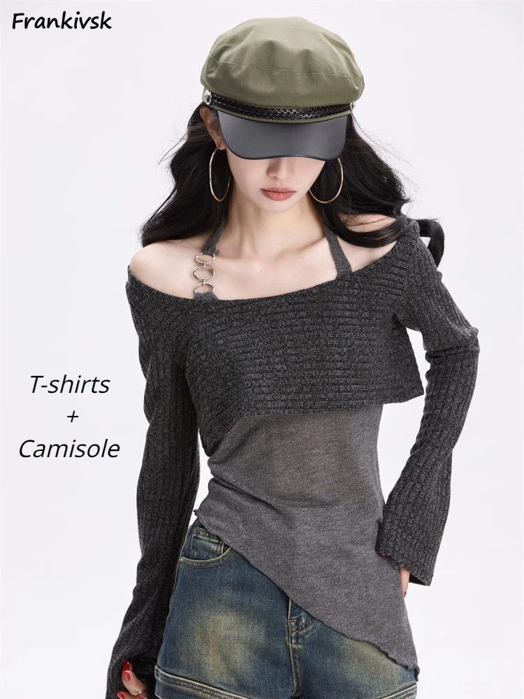 2pcs Sets Women Autumn Slim Y2k Chic All-match Basic Daily Sun-proof Cropped Long Sleeve T-shirt High Street Ins Camisole Spring