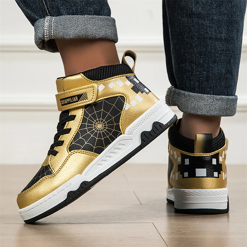 デザイン子供革製スニーカー男の子ハイカットシューズ2025新ファッションキッズスクールデイリーウォーキングカジュアルスポーツスニーカー男の子用