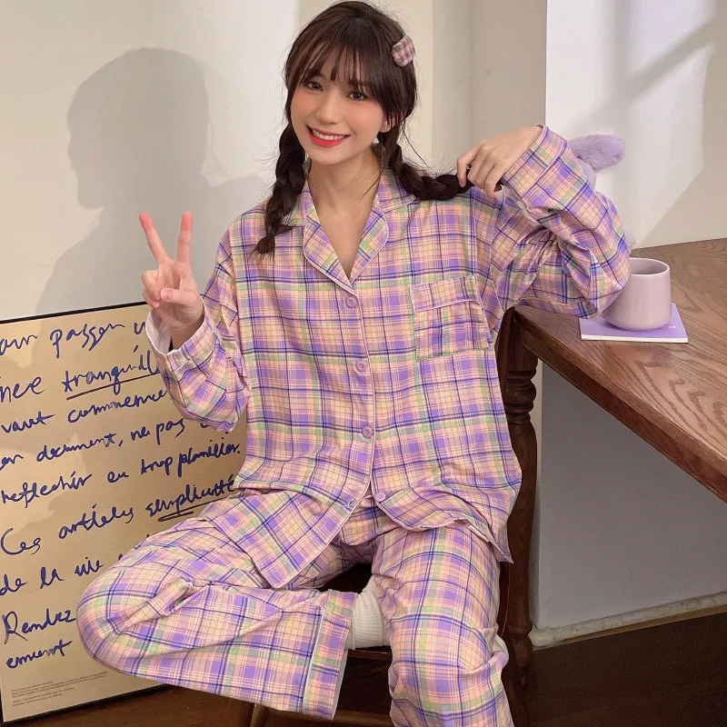 

Women Plus Size Pajamas Purple Plaid Retro Spring Summer Check Girly Loungewear Cardigan Long Sleeve Trousers Two-Piece Set Cute