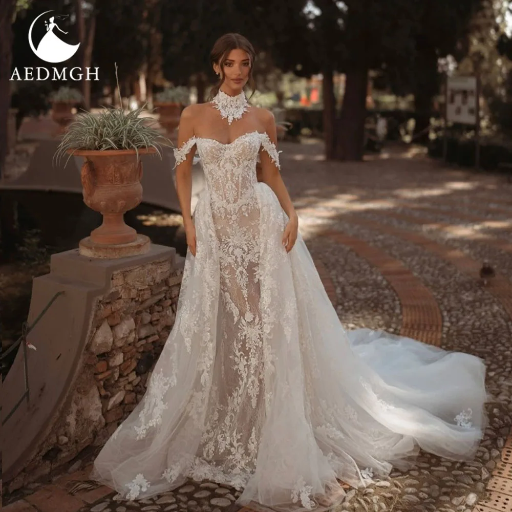

Aedmgh Mermaid Sexy Wedding Dresses Sweetheart Off The Shoulder Vestido De Novia Lace Embroidery 2 In 1 Custom Made Bridal Gown