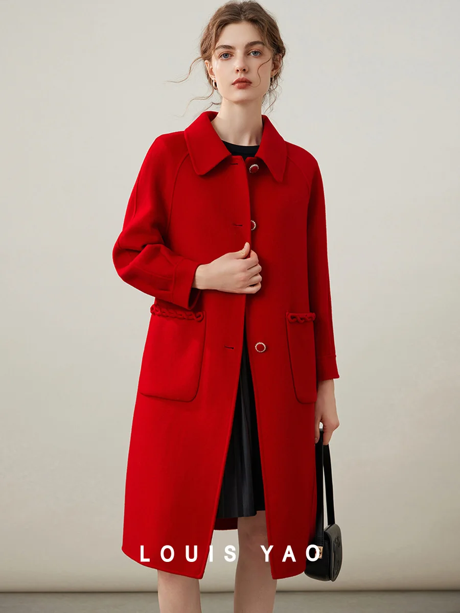 LOUIS YAO 2024 Winter Wool Blended Double-faced Coat Fashionable Age-reducing Lapel Shaped Pocket Thick Long Coat for Women