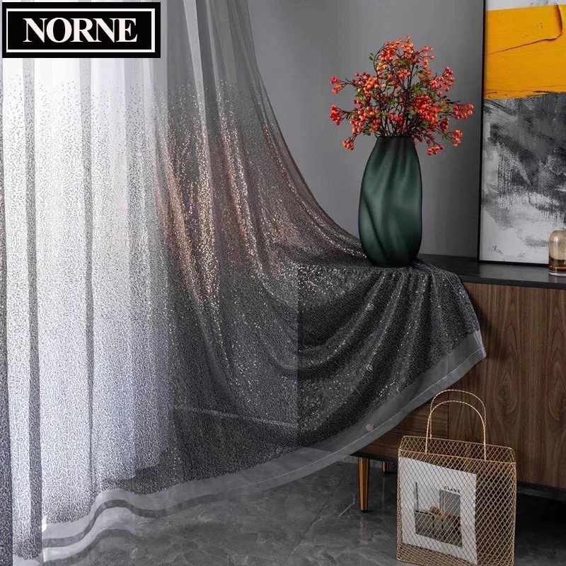 NORNE-Paillette Style Shining Sheer Curtains for Living Room and Bedroom, Voile Lace Tulle, Gradient Style