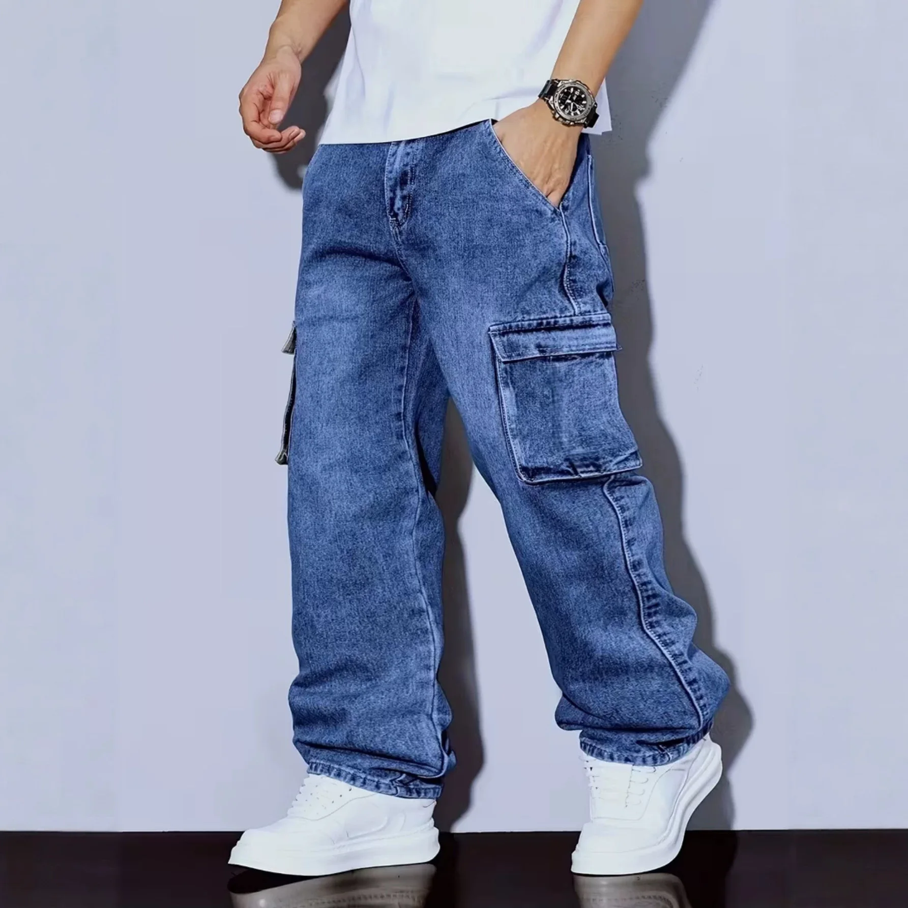 American retro tooling jeans men's new loose casual versatile straight multi-pocket trousers