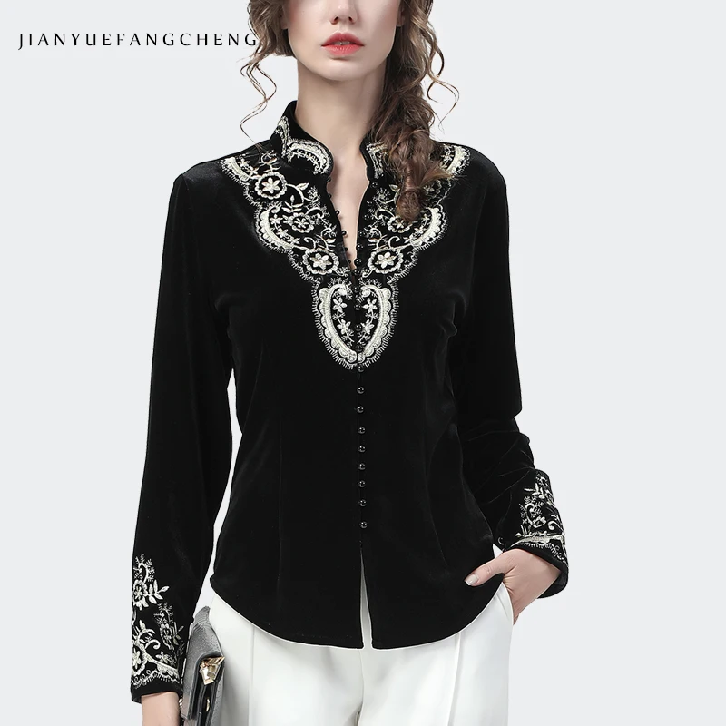 Vintage Embroidery Women Long Sleeve Velour Shirt 2023 Autumn Winter Female Top Fashion Stand-Up Collar Chinese Style Blouses