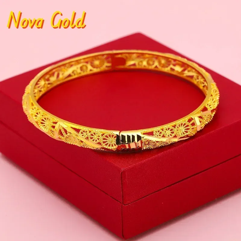NovaGlod 9999 real gold hollowed out bracelet with 24k genuine gold wide buckle for women's festive wedding jew