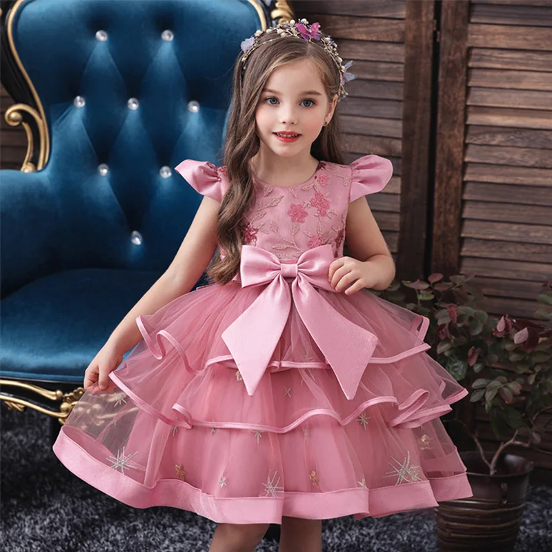 

New Kids Princess's Birthday Party Banquet Shoulder Strap Dress Flower Girl's Wedding Lace Hollow Sleeve Vestidos Pageant Dress