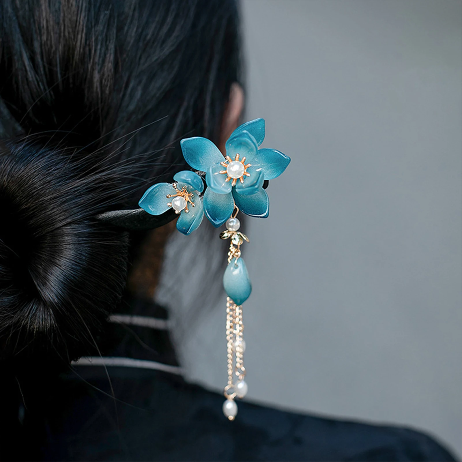 Black Sandalwood Hair Sticks Forks Gradient Blue Flower Hair Clips Pearls Chain Tassel Hairpins Retro Chinese Style Hair Jewelry