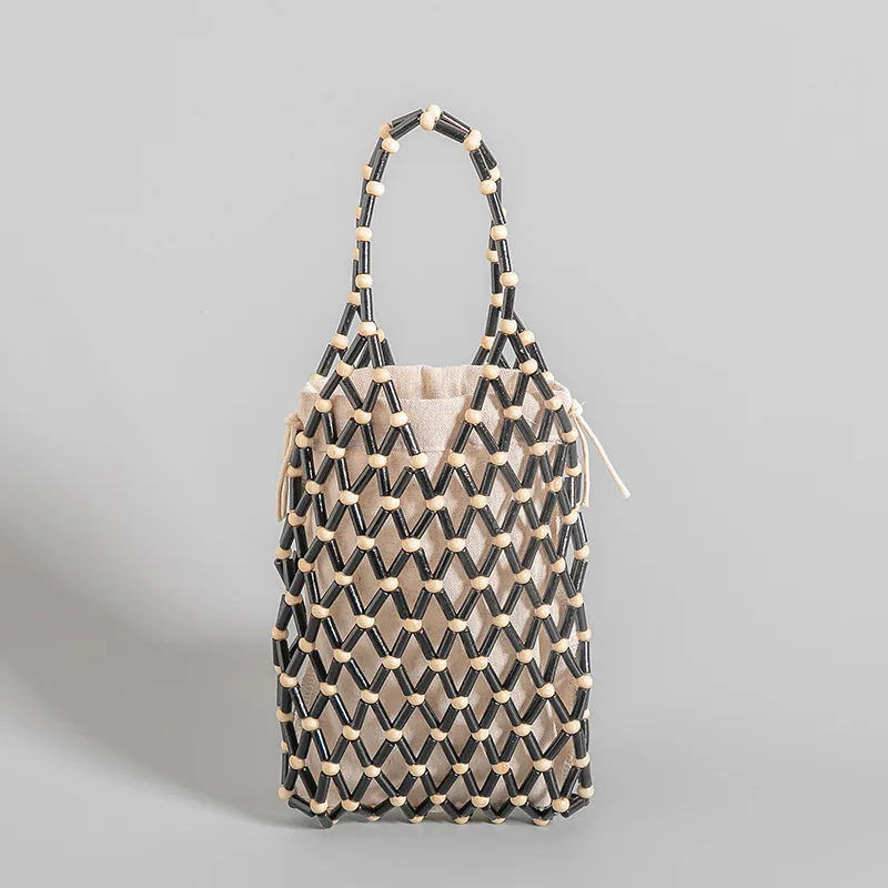 Handmade Woven Bag with Hollowed Out Wooden Beads Handbag Women Summer Portable Bucket Drawstring Fashion Beach Tote