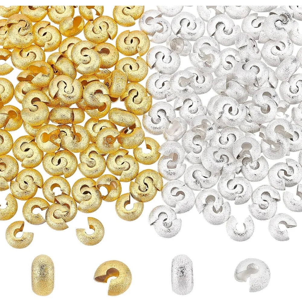 200Pcs 2 Colors Half Round Open Crimp Beads 4.5mm Small Knot Cover Golden and Silver Color Frosted Brass Beads Crimp Tube Beads