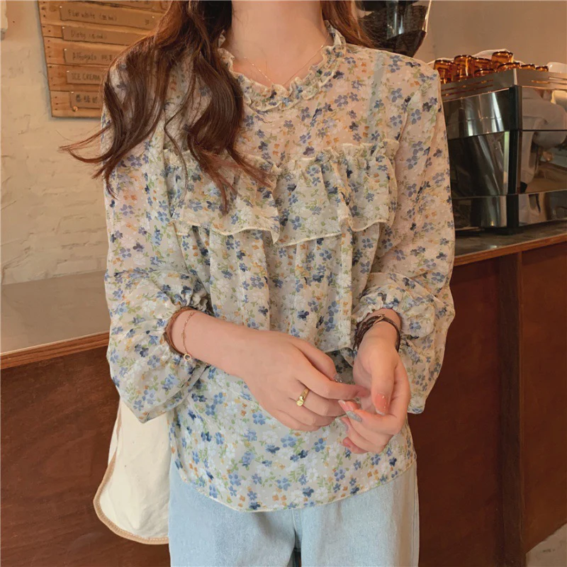 

Fragmented Flowers Shirts For Women Spring Summer Ruffle Edge Sunscreen Chiffon Shirt New Slim Long Sleeves Pullover Female Tops