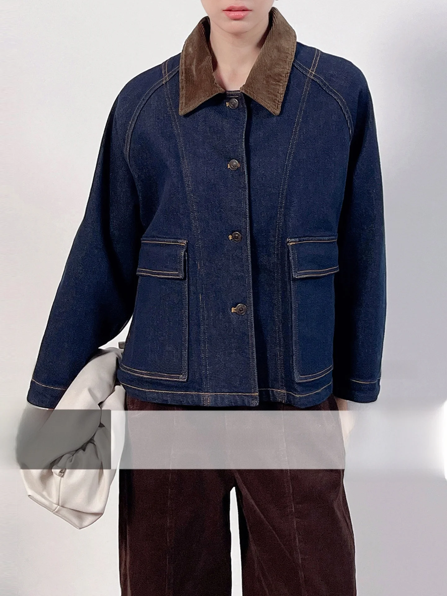 

Korean Sle Splice oulder Sve ort Jeans Jaet Women Commute New Autumn Faionable Casual Straight Cut Cotton Blend