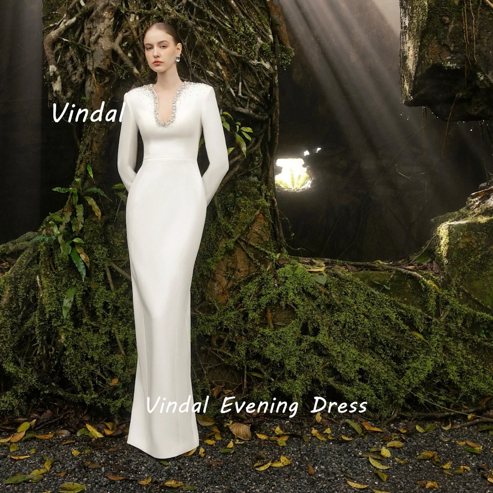 Vindal Floor length V-Neck luxurious Fashion Straight Beaded Crepe Breast Padding Elegant  Long Sleeves السعود For Woman 2024