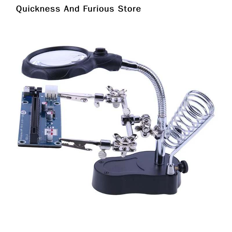 【TO】3 Hand Soldering Iron Stand Welding Tool With Magnifying Glass Illuminated LED Alligator Clip Holder Clamp Helping Repair