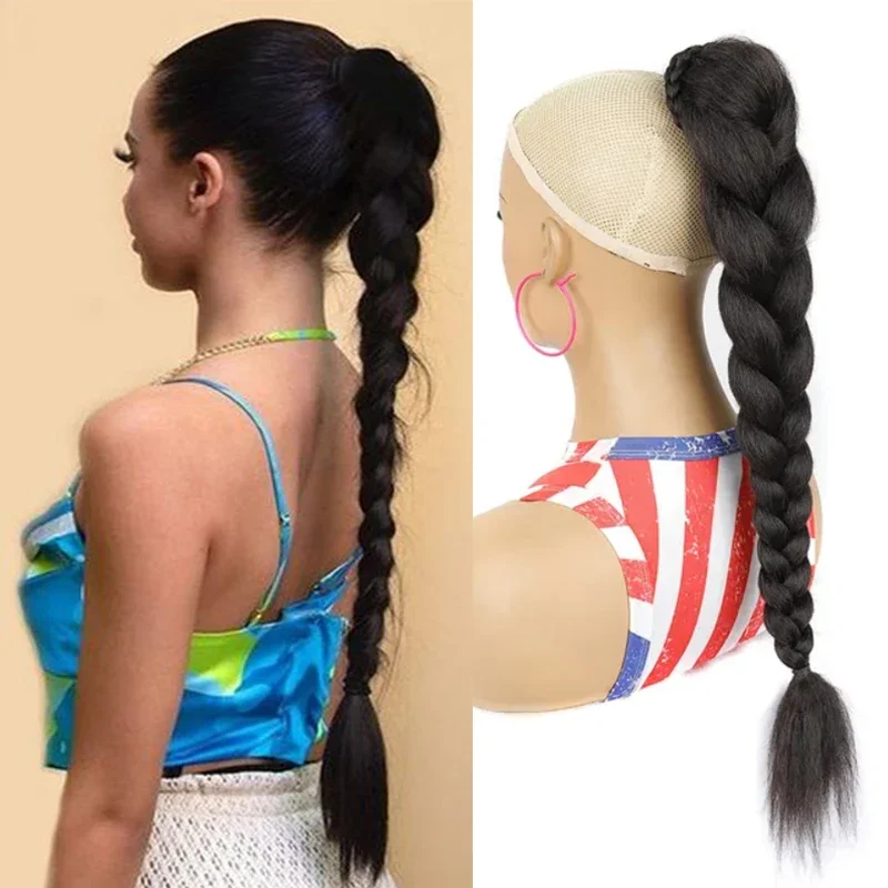 

Synthetic Braided Ponytail Jumbo Braids 22Inch Drawstring Clip In Hair Extensions Ombre Braided Ponytail For Women Black Brown