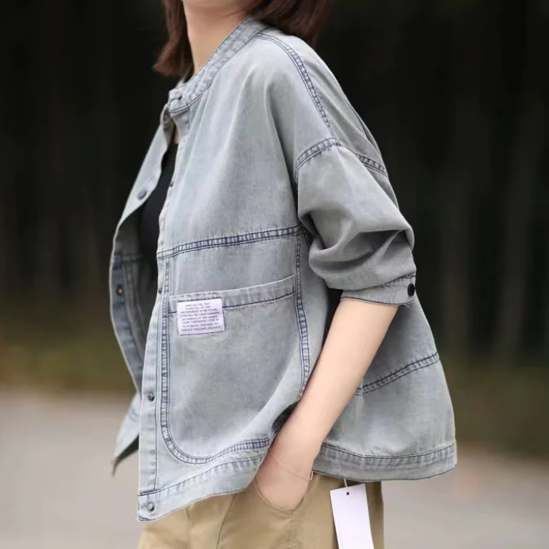 

Retro Waed Denim Jaet Women's Spring Autumn New Sle Versatile Vintage Workwear Casual Loose Fit Button up Cotton Blend