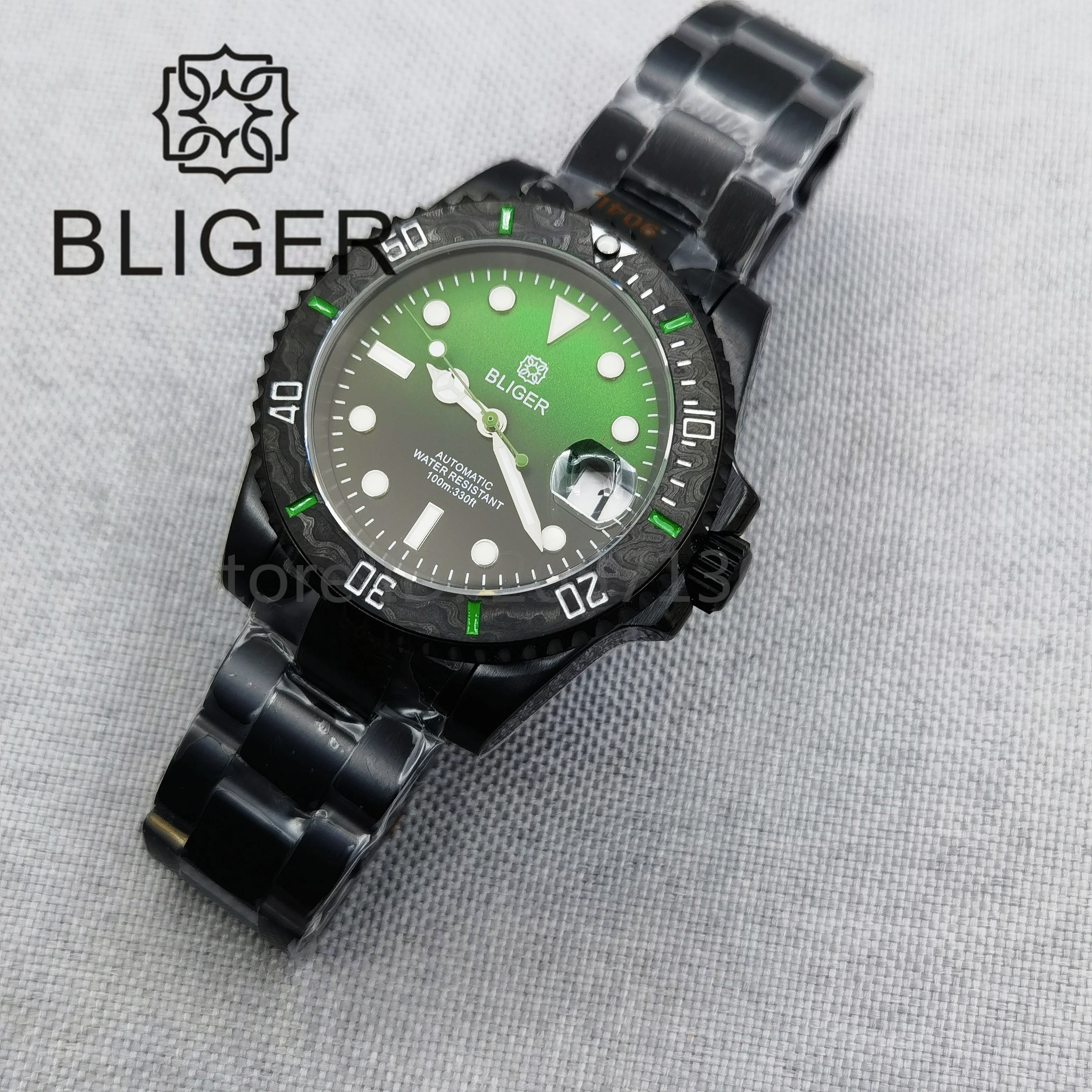 BLIGER 40mm Watch For Men NH35 Automatic Mechanical Wristwatch Full Black Case Sapphire Glass Carbon Fiber Bezel Waterproof Date