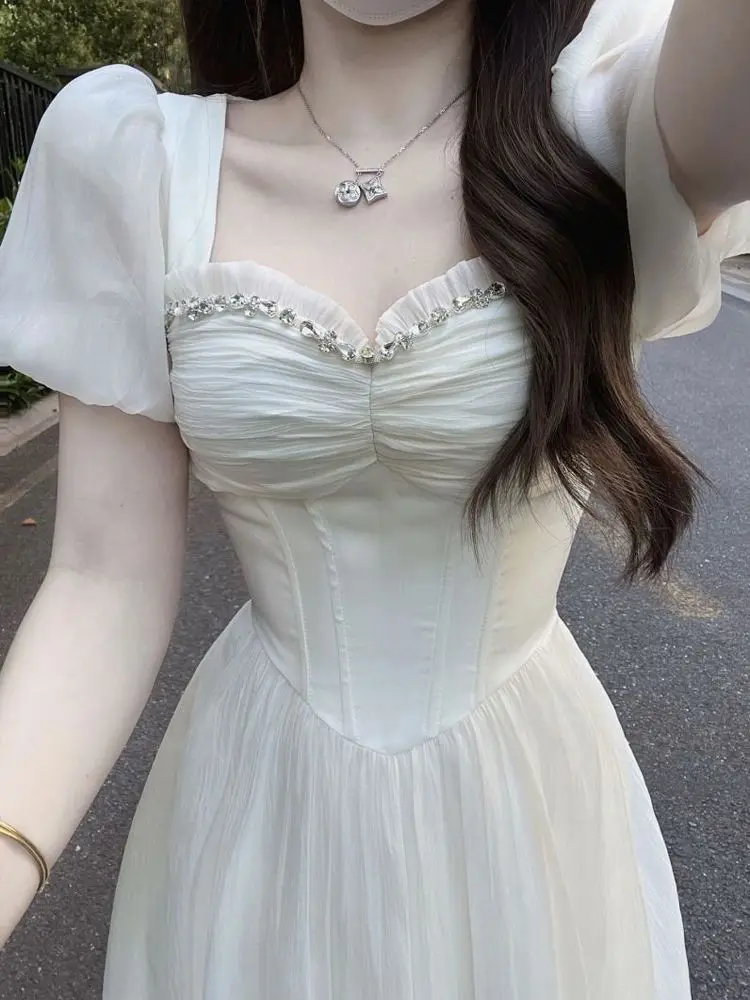 

Sweet French Gentle Style Square Neck Puff Short-sleeved Fairy Dress Women Summer Slimming Waist Temperament Mid-length Dresses