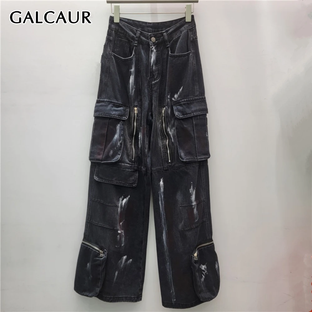 

GALCAUR Solid Spliced Pocket Basics Trousers Female Hight Waist Loose Streetwear Women's Cargo Pants Fashion Summer Style New