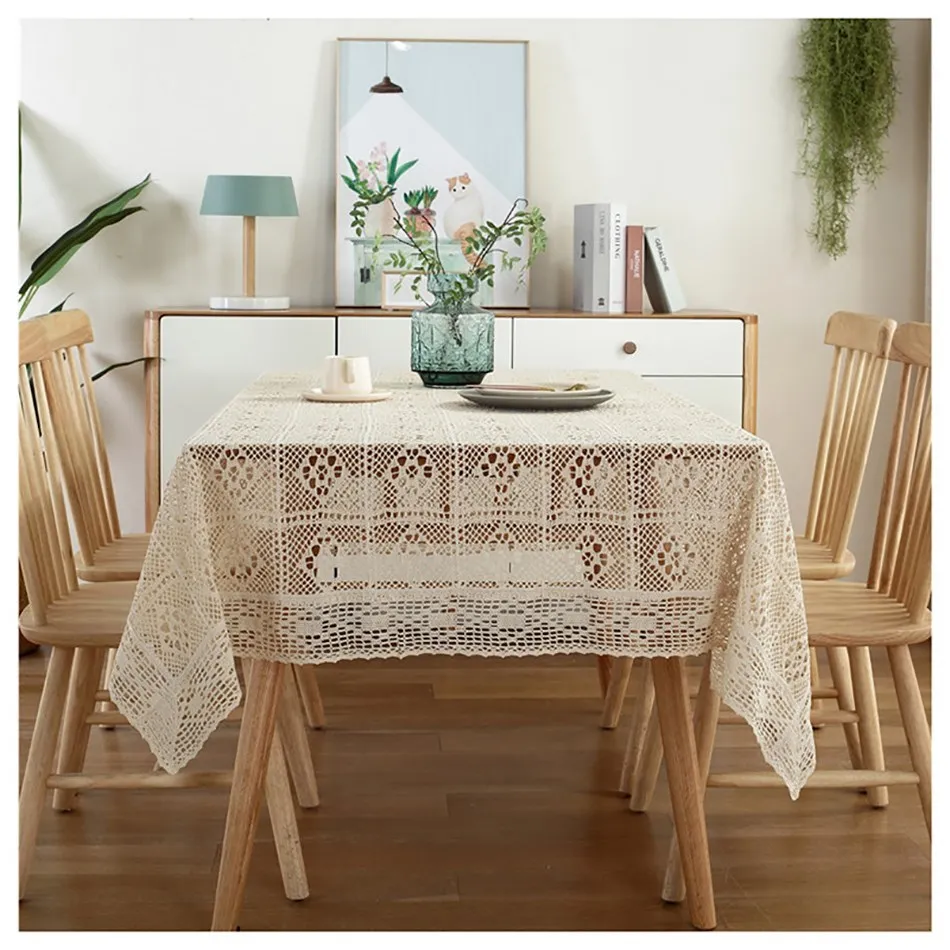 Tablecloth Home Decor Crochet Hollow Rectangle Lace Beige Table Cloth Bedroom Coffee Table for Living Room Manteles De Mesa