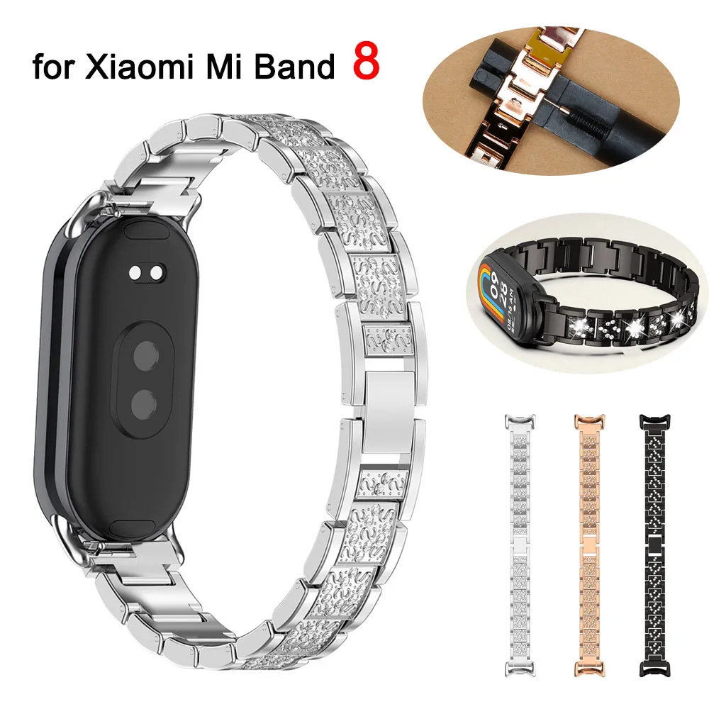 Mi Band 8 Bracelet Metal Slim Dressy Wrist Band for Xiaomi Mi Band 8 Wristband Bling for Women Watchband Strap Alloy Silver