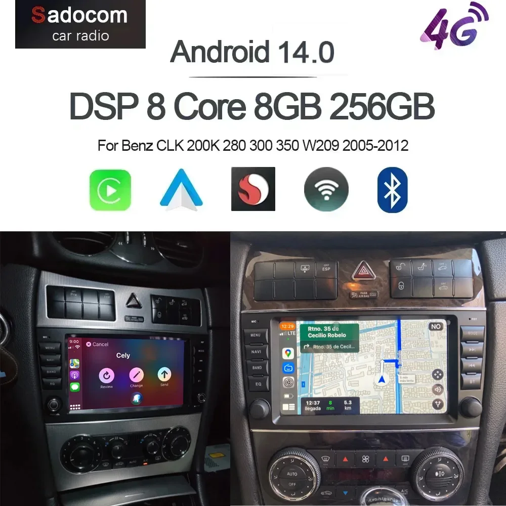 Autoradio Android 14.0 8G+256G con Carplay 720P, Lettore DVD per Auto, GPS e Navigazione per Benz CLK 200K 280 300 350 W209 2005-2012