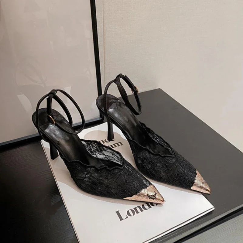 Französische sexy Spitzen-Mesh-High-Heels mit spitzer Zehenpartie, Knöchelriemen-Stilettos, atmungsaktive Damenschuhe für Party, Club, Hochzeit, Übergrößen – Detail 2