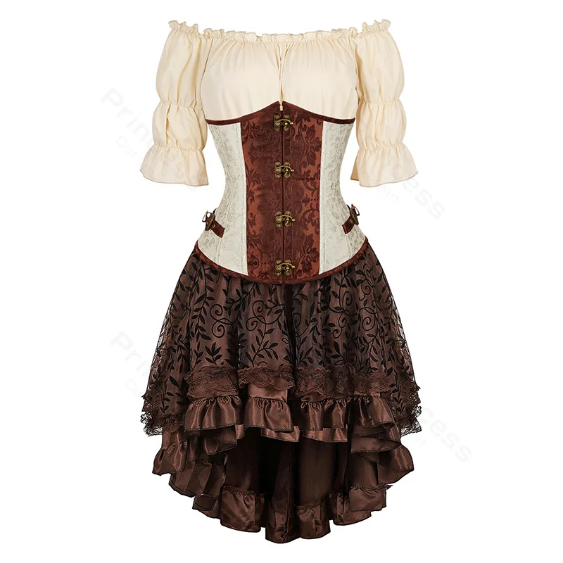 Steampunk Corset Dress Brown Pirate Costume Blouse Shoulder Off Underbust Corset Plus Size Cosplay Pirate Dresses for Women