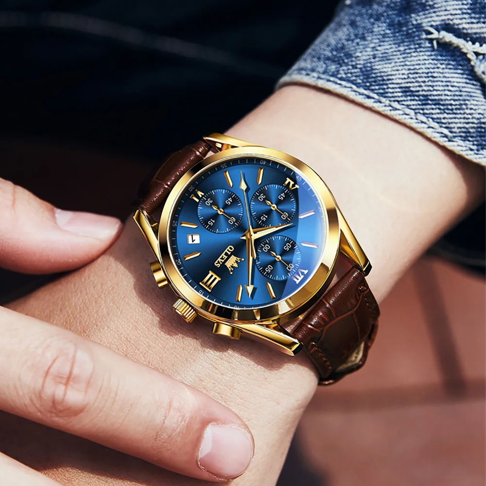 OLEVS-reloj deportivo para hombre, cronógrafo de cuarzo, marca de lujo superior, dorado, azul, resistente al agua, regalo de cuero