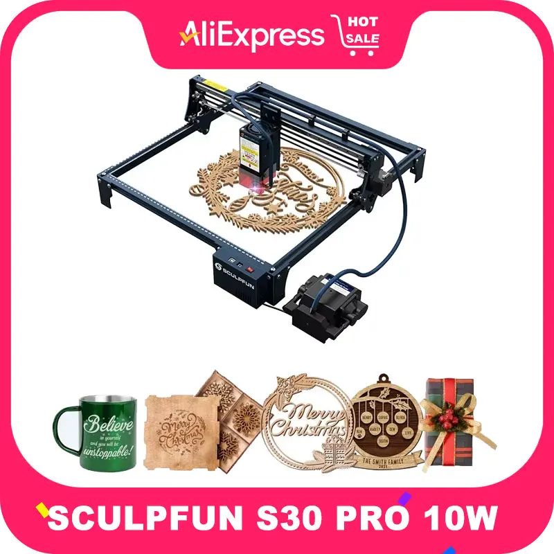 

Лазерный гравер SCULPFUN S30 Pro 10 Вт с автоматической системой поддержки воздуха и сотовым/роликовым гравировальным станком, площадь 410x400 мм