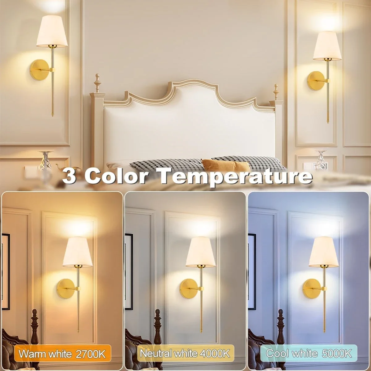 Operated Wall Sconce,Gold&Black Chargeable Wall Lights with Dimmable Bulbs and Remote,15 Colors Wireless Wall Lamps for Bedroom